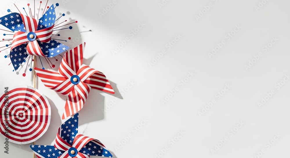Obraz premium Patriotic american flag banners and fireworks on white background for independence day celebrations