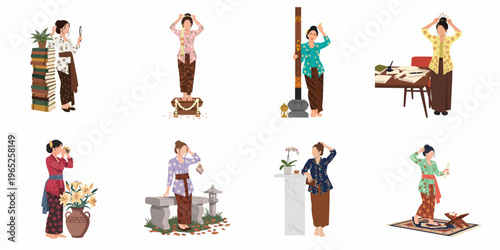Illustrations of Indonesian women in traditional Kebaya and Batik performing various activities, celebrating cultural heritage and the spirit of Kartini Day.