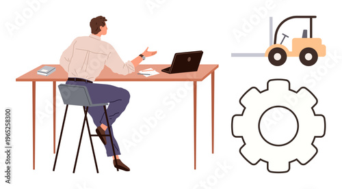 Logistics management, industrial workflow, business strategy, supply chain, machinery operations, productivity enhancement. Man at desk with laptop, forklift and gear icon. Logistics and workflow