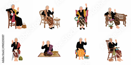 Illustration set of a Javanese grandmother in traditional kebaya and batik sarong, sitting in various chairs, waving and smiling warmly.
