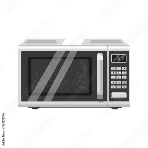 Microwave oven closed and idle on plain white background