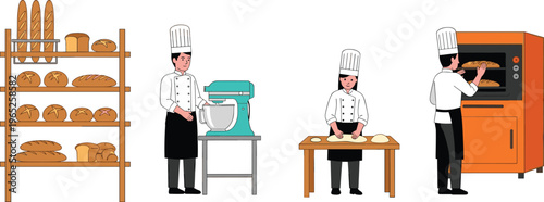 Bakery process illustration with bakers preparing dough mixing baking bread and displaying pastries flat vector baking workflow collection