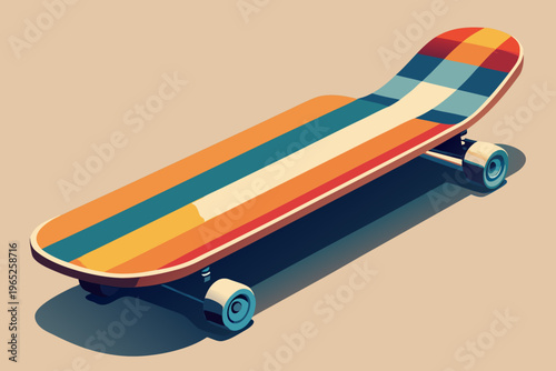 Skateboard striped deck resting on flat surface with soft shadow