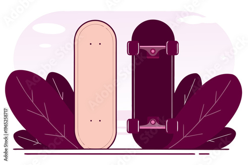 Two skateboards standing upright in stylized outdoor scene
