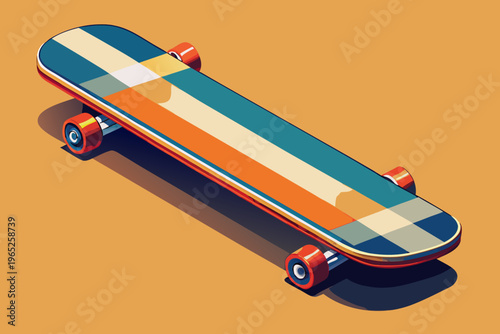Striped longboard casting shadow on orange studio surface