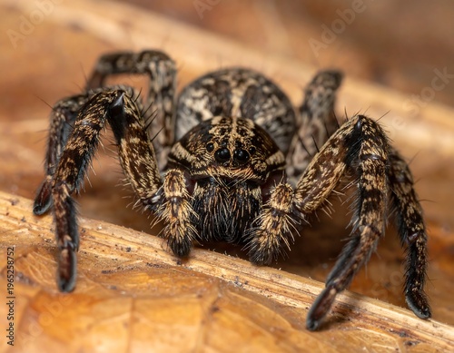 A spider with distinctive markings and hairy legs perches on a dry leaf