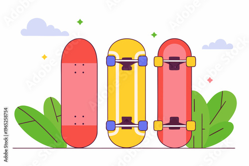 Three colorful skateboards standing upright in outdoor park setting
