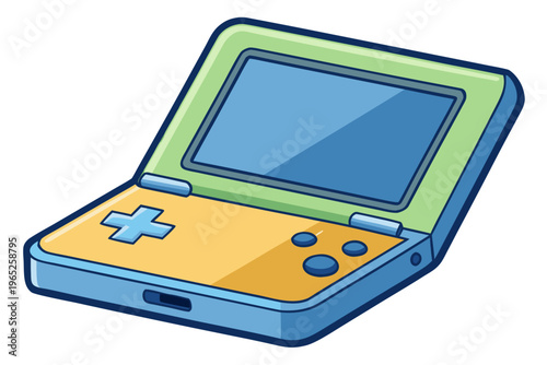 Clamshell handheld console open at angle on white background