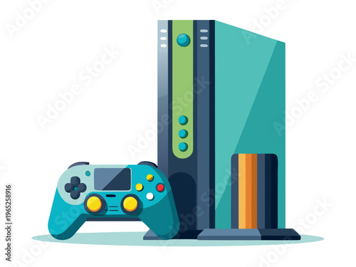 Turquoise game console with controller on white surface