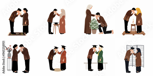 Set of Illustrations Showing Indonesian Graduation Tradition of Students Paying Respect to Their Parents with Hand Kissing Gesture Called Sungkem.