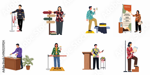 Set of Indonesian event committee characters in batik attire organizing a graduation ceremony or formal conference, including registration, security, and directions.