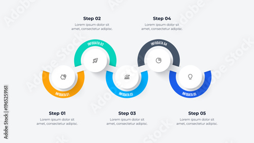 5 step wave infographic with colorful semicircular segments and central icon symbols for process flow