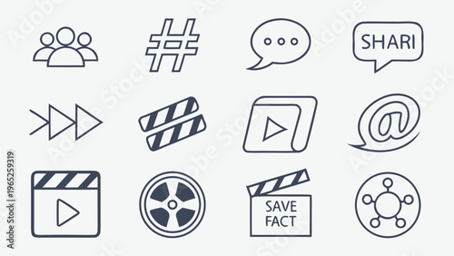 Social media, video production, and sharing icons, set of 13