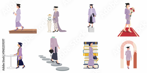 Set of flat vector illustrations featuring diverse Southeast Asian women in traditional kebaya and academic gowns celebrating their university graduation achievement.