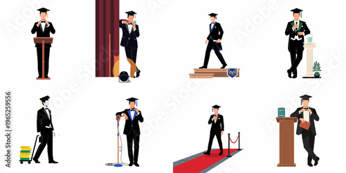 Set of male graduate characters in formal tuxedos and academic caps, performing various graduation ceremony activities including speeches and walking the red carpet.