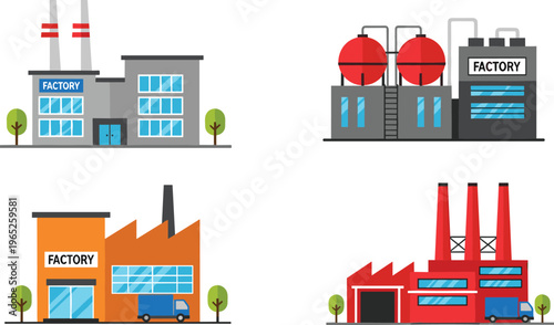 Industrial factories icon collection with smokestacks and manufacturing plants, flat vector set of heavy industry buildings, power plants and refineries illustration