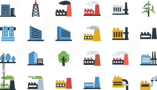 Industrial factory and energy infrastructure flat icons set, power plants, manufacturing facilities, renewable energy, buildings, industry equipment vector illustration collection