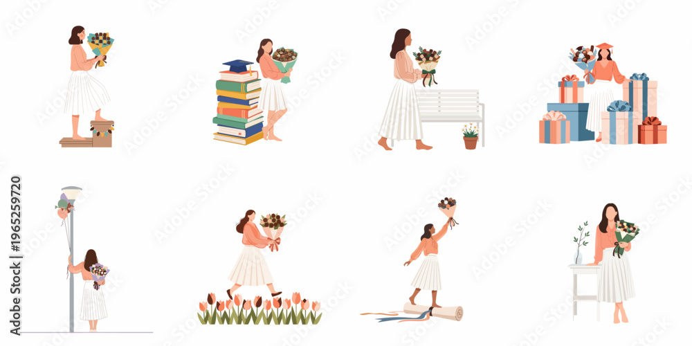 Fototapeta premium Set of flat illustrations showing a young woman celebrating graduation with chocolate bouquets, books, and gift boxes in various scenes.