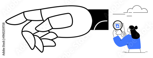 Technology concept. A robotic hand signifies advancements in AI while a human evaluates data using magnification tools. Technology innovation, AI applications, robotics, human-AI interaction, data