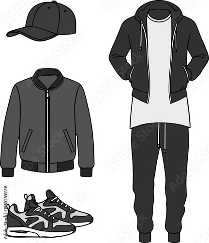 Modern urban streetwear outfit set with hoodie jacket joggers sneakers and cap minimal fashion vector illustration