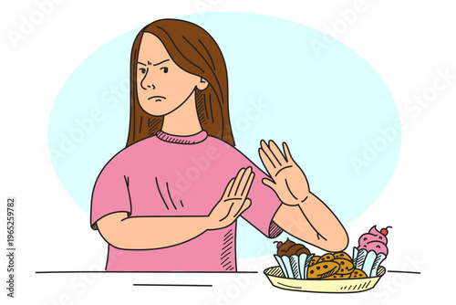 Teen girl refuses to eat sweet food doodle vector isolated. Hand-drawn illustration of a girl with eating disorder. Unhealthy diet, problems with body weight.