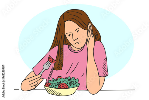 Teen girl holding fork doodle vector isolated. Girl refuses to eat, idea of eating disorder, changes in eating behavior. Unhealthy diet.