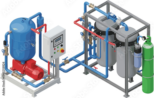 Industrial filtration system with pressure tanks pump pipelines and control panel water treatment equipment engineering plant flat vector illustration