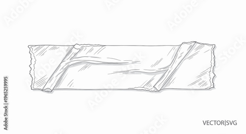 Hand-drawn transparent tape strip with wrinkles and shadows, isolated on white background