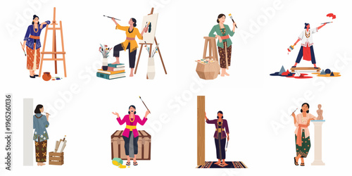 Set of illustrations depicting creative Indonesian women in traditional kebaya attire engaged in various artistic activities like painting and sculpting.
