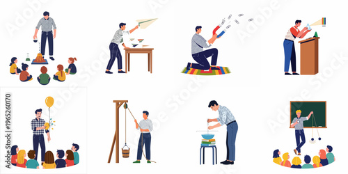 Set of illustrations featuring a male teacher performing various science experiments and physics demonstrations for students in a classroom setting.
