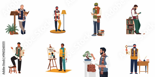 Vector illustrations of diverse men engaged in literary and artistic activities such as reading, poetry recitation, lecturing, and mentorship.