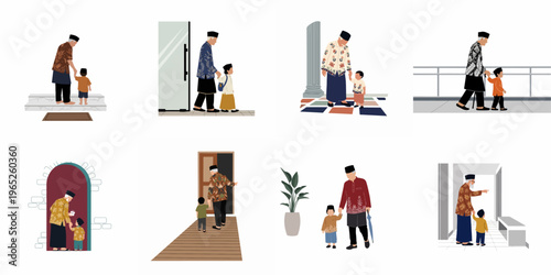 A collection of illustrations featuring a Muslim grandfather and grandson bonding during traditional festivities like Hari Raya and Eid celebrations.