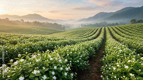 Lush rolling hills covered in white blooming jasmine fields at sunrise with a soft misty haze creating a serene natural landscape