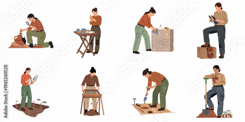 Flat vector illustrations set of female archaeologists working on excavation sites, cleaning artifacts, sifting soil, and examining historical discoveries.