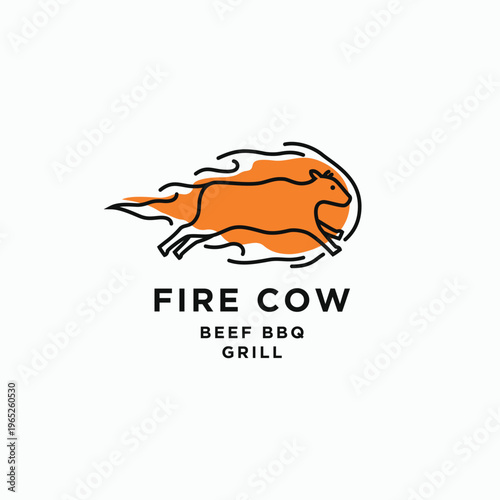 Cow with fire logo design. Burning cow beef barbeque grill house restaurant logo icon sign abstract linear style