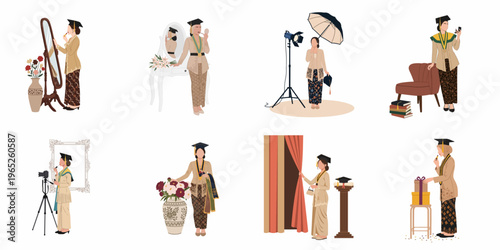 Set of illustrations featuring an Indonesian woman in traditional kebaya and graduation cap posing for commemorative photos in a studio setting.