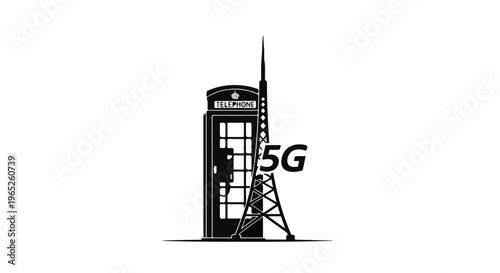 Telephone booth stands beside a modern communication tower with 5G technology.