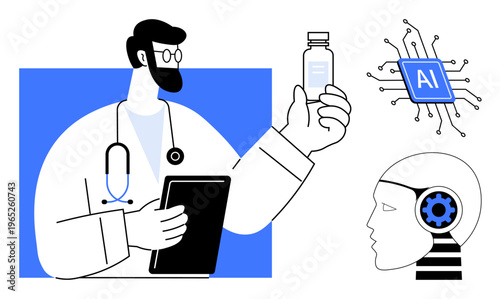 AI in medicine, futuristic healthcare, robotic assistance, drug development, technology innovation, digital diagnostics. Doctor holding medicine, AI chip and robot head. AI in medicine