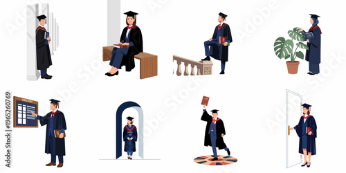 Diverse law school graduates in academic gowns and mortarboards holding law books in various campus settings, celebrating their academic achievement and graduation.