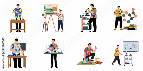 Flat vector illustration collection of a male scientist or chemistry teacher performing various laboratory experiments, research, and educational activities in a classroom setting.