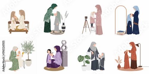 A collection of minimalist illustrations featuring Muslim mothers and daughters in traditional clothing, showcasing bonding, love, and festive preparations for Eid.
