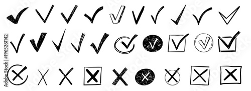 Check mark crayon scribble doodle, chalk texture, checkmark and red cross icon set, circle and square. Tick symbol. sketch checkboxes.