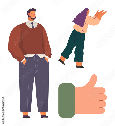 Communication, diversity, approval, teamwork, collaboration, interpersonal interaction. A man, a woman reaching forward and a thumbs-up gesture. Communication and diversity concept