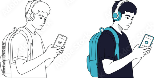 Two boys with headphones and backpacks looking at their phones
