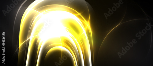 Bright golden light radiates from center. Dark background contrasts with flowing curves, creating dynamic visual effect.