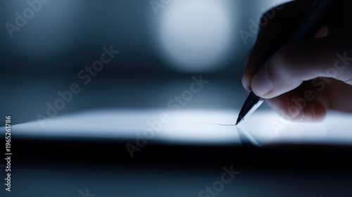Close-up of a digital signature on a tablet screen, paperless office, legal tech concept, professional studio lighting