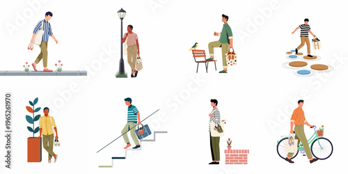 Flat vector illustrations of stylish men in various urban settings, carrying tote bags and extra shoes, showcasing modern lifestyles and fashion.