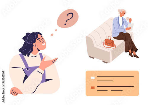 Counseling, mental health support, communication, self-discovery, professional advice, personal growth. Woman with a questioning hand gesture and speech bubble. Mental health support