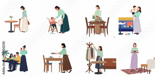 Set of flat vector illustrations depicting women in various roles within a restaurant environment, including serving, hosting, and attending to children.