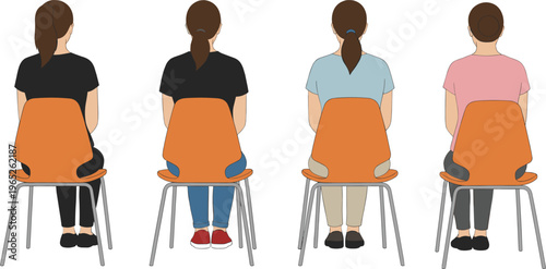 Diverse women sitting in orange chairs seen from the rear view for classroom and seminar flat vector character set
